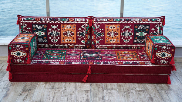 Maroon Milas Breeze: Single Floor Sofa – Handmade Arabic Diwan Cushions – Middle Eastern Boho Couch – Kilim Sofa Seating