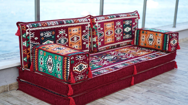 Maroon Milas Breeze: Single Floor Sofa – Handmade Arabic Diwan Cushions – Middle Eastern Boho Couch – Kilim Sofa Seating