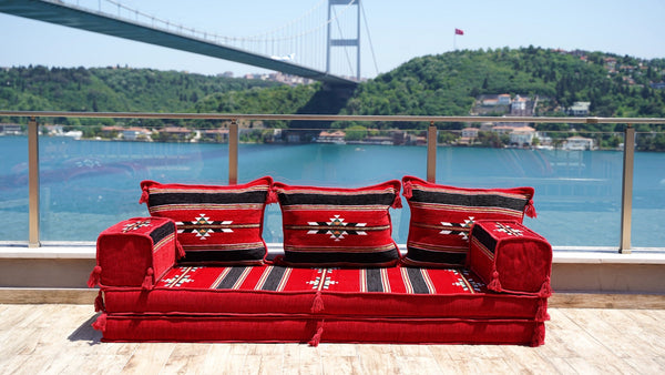 Red Damascus Stripe: Single Floor Sofa – Handmade Damascene Diwan Couch – Oriental Boho Seating – Bohemian Modular Sofa