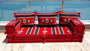 Red Damascus Stripe: Single Floor Sofa – Handmade Damascene Diwan Couch – Oriental Boho Seating – Bohemian Modular Sofa