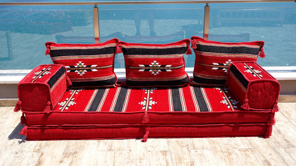 Red Damascus Stripe: Single Floor Sofa – Handmade Damascene Diwan Couch – Oriental Boho Seating – Bohemian Modular Sofa