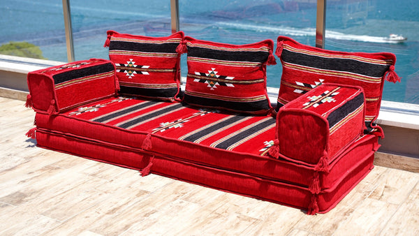 Red Damascus Stripe: Single Floor Sofa – Handmade Damascene Diwan Couch – Oriental Boho Seating – Bohemian Modular Sofa