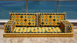 Yellow Qatar Oasis: Single Floor Sofa – Arabic Majlis – Floor Cushion Couch – Turkish Floor Sofa – Reading Nook Floor Seating