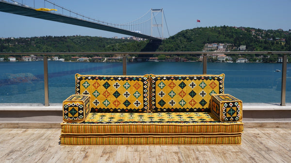 Yellow Qatar Oasis: Single Floor Sofa – Arabic Majlis – Floor Cushion Couch – Turkish Floor Sofa – Reading Nook Floor Seating