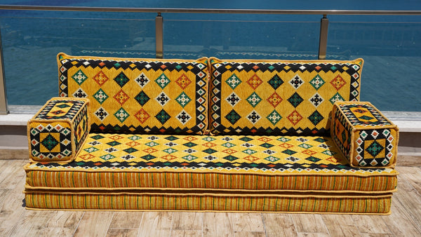 Yellow Qatar Oasis: Single Floor Sofa – Arabic Majlis – Floor Cushion Couch – Turkish Floor Sofa – Reading Nook Floor Seating