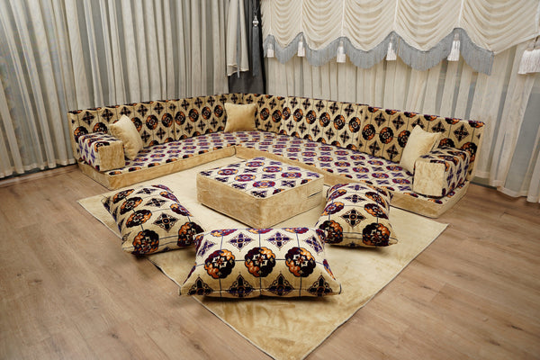 Beige Baghdad Tulip: Single Floor Sofa – Arabic Majlis – Turkish Floor Pouf – Window Seat Cushion – Oriental Floor Seating