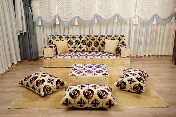 Beige Baghdad Tulip: Single Floor Sofa – Arabic Majlis – Turkish Floor Pouf – Window Seat Cushion – Oriental Floor Seating