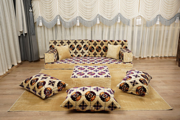 Beige Baghdad Tulip: Single Floor Sofa – Arabic Majlis – Turkish Floor Pouf – Window Seat Cushion – Oriental Floor Seating