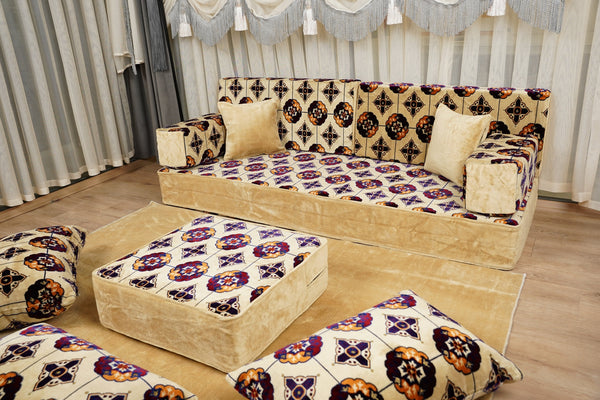 Beige Baghdad Tulip: Single Floor Sofa – Arabic Majlis – Turkish Floor Pouf – Window Seat Cushion – Oriental Floor Seating