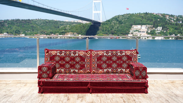 Maroon Afghan Heritage: Single Floor Sofa – Handmade Arabic Diwan Cushions – Ethnic Modular Couch – Boho Seating