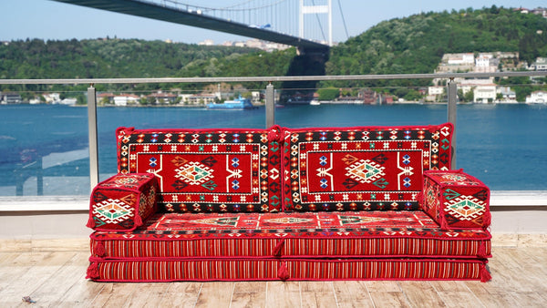 Red Bukhara Loom: Single Floor Sofa – Arabic Floor Sofa – Oriental Floor Seating – Bohemian Floor Cushion