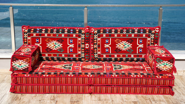 Red Bukhara Loom: Single Floor Sofa – Arabic Floor Sofa – Oriental Floor Seating – Bohemian Floor Cushion