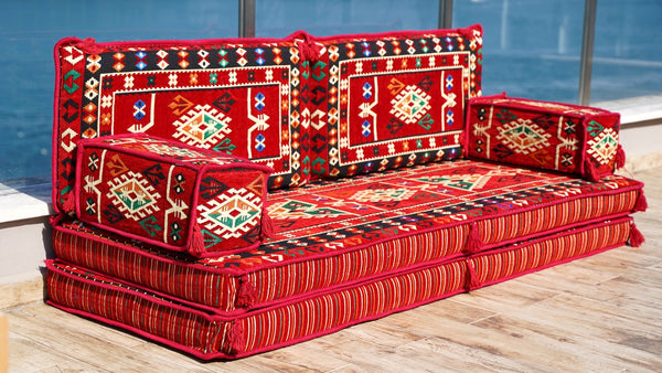 Red Bukhara Loom: Single Floor Sofa – Arabic Floor Sofa – Oriental Floor Seating – Bohemian Floor Cushion