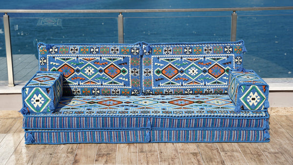 Blue Anatolian Hearth: Single Floor Sofa – Arabic Diwan Sofa – Handmade Floor Sofa – Custom Size Floor Cushions