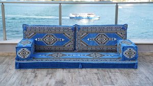 Blue Palace Elegance: Single Floor Sofa – Arabic Diwan Sofa – Handmade Floor Sofa – Custom Size Floor Cushions