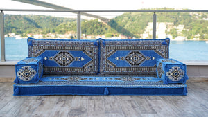 Blue Palace Elegance: Single Floor Sofa – Arabic Diwan Sofa – Handmade Floor Sofa – Custom Size Floor Cushions