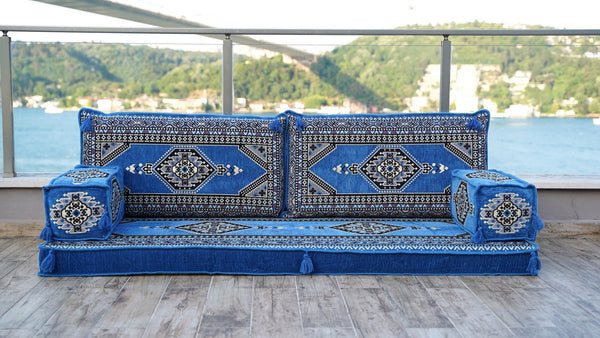 Blue Palace Elegance: Single Floor Sofa – Arabic Diwan Sofa – Handmade Floor Sofa – Custom Size Floor Cushions
