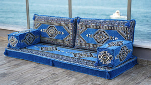 Blue Palace Elegance: Single Floor Sofa – Arabic Diwan Sofa – Handmade Floor Sofa – Custom Size Floor Cushions