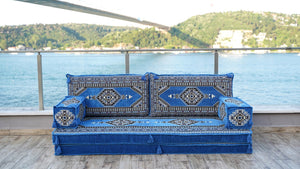 Blue Palace Elegance: Single Floor Sofa – Arabic Diwan Sofa – Handmade Floor Sofa – Custom Size Floor Cushions
