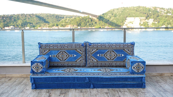 Blue Palace Elegance: Single Floor Sofa – Arabic Diwan Sofa – Handmade Floor Sofa – Custom Size Floor Cushions
