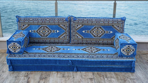 Blue Palace Elegance: Single Floor Sofa – Arabic Diwan Sofa – Handmade Floor Sofa – Custom Size Floor Cushions