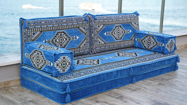 Blue Palace Elegance: Single Floor Sofa – Arabic Diwan Sofa – Handmade Floor Sofa – Custom Size Floor Cushions