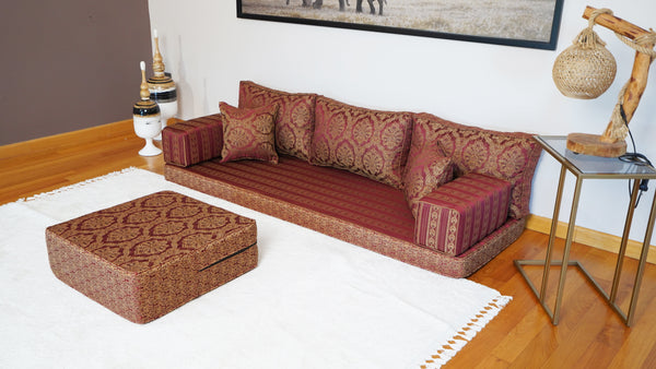 Red Oscar Damask: Single Floor Sofa – Arabic Majlis Sofa – Traditional Arabic Sofa Set – Washable Arabic Floor Cushion