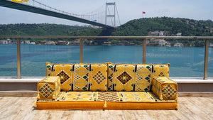 Yellow Timeless Kilim: Single Floor Sofa – Arabic Majlis – Floor Cushion Couch – Turkish Floor Sofa Seating