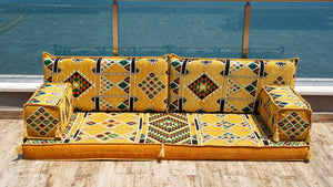 Yellow Timeless Kilim: Single Floor Sofa – Arabic Majlis – Floor Cushion Couch – Turkish Floor Sofa Seating