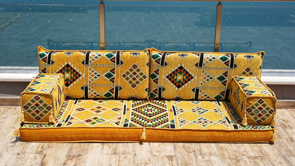 Yellow Timeless Kilim: Single Floor Sofa – Arabic Majlis – Floor Cushion Couch – Turkish Floor Sofa Seating
