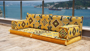 Yellow Timeless Kilim: Single Floor Sofa – Arabic Majlis – Floor Cushion Couch – Turkish Floor Sofa Seating