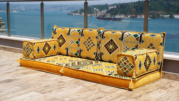 Yellow Timeless Kilim: Single Floor Sofa – Arabic Majlis – Floor Cushion Couch – Turkish Floor Sofa Seating