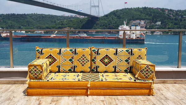 Yellow Timeless Kilim: Single Floor Sofa – Arabic Majlis – Floor Cushion Couch – Turkish Floor Sofa Seating