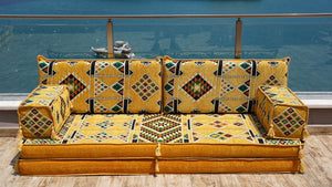 Yellow Timeless Kilim: Single Floor Sofa – Arabic Majlis – Floor Cushion Couch – Turkish Floor Sofa Seating