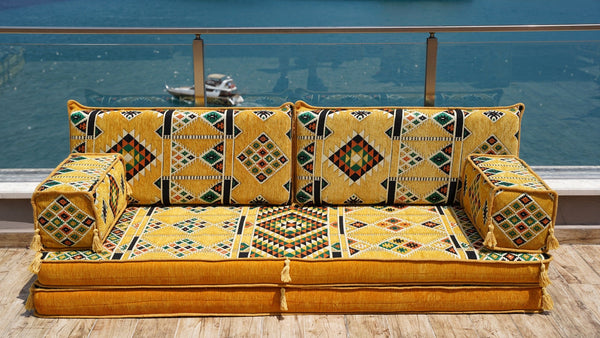 Yellow Timeless Kilim: Single Floor Sofa – Arabic Majlis – Floor Cushion Couch – Turkish Floor Sofa Seating