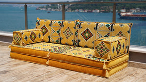 Yellow Timeless Kilim: Single Floor Sofa – Arabic Majlis – Floor Cushion Couch – Turkish Floor Sofa Seating