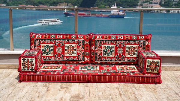 Red Bergama Tapestry – Boho Oriental Floor Sofa