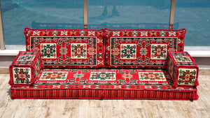 Red Bergama Tapestry: Single Floor Sofa – Handmade Diwan Couch – Oriental Boho Seating – Custom Modular Cushions