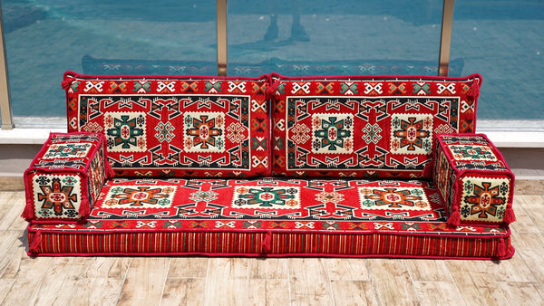 Red Bergama Tapestry: Single Floor Sofa – Handmade Diwan Couch – Oriental Boho Seating – Custom Modular Cushions