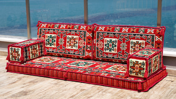 Red Bergama Tapestry: Single Floor Sofa – Handmade Diwan Couch – Oriental Boho Seating – Custom Modular Cushions