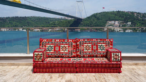 Red Bergama Tapestry: Single Floor Sofa – Handmade Diwan Couch – Oriental Boho Seating – Custom Modular Cushions