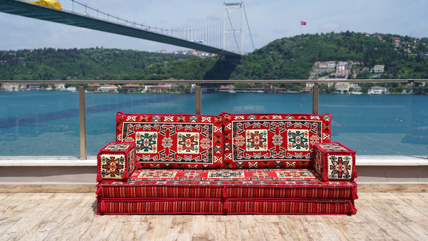 Red Bergama Tapestry: Single Floor Sofa – Handmade Diwan Couch – Oriental Boho Seating – Custom Modular Cushions