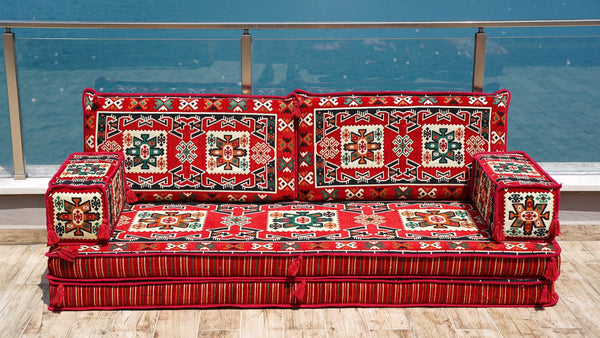 Red Bergama Tapestry: Single Floor Sofa – Handmade Diwan Couch – Oriental Boho Seating – Custom Modular Cushions
