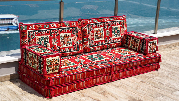 Red Bergama Tapestry: Single Floor Sofa – Handmade Diwan Couch – Oriental Boho Seating – Custom Modular Cushions