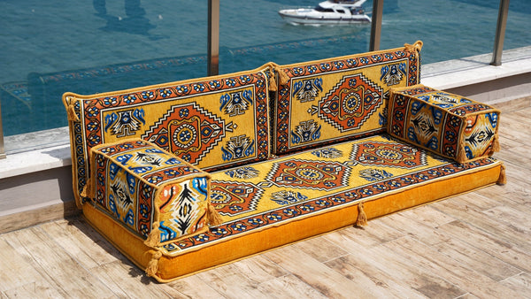 Yellow Kirsehir Motif: Single Floor Sofa – Arabic Majlis – Floor Cushion Couch – Turkish Floor Seating Sofa