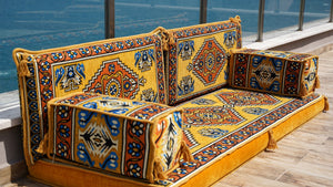 Yellow Kirsehir Motif: Single Floor Sofa – Arabic Majlis – Floor Cushion Couch – Turkish Floor Seating Sofa