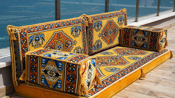 Yellow Kirsehir Motif: Single Floor Sofa – Arabic Majlis – Floor Cushion Couch – Turkish Floor Seating Sofa