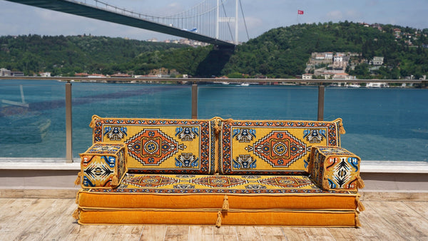 Yellow Kirsehir Motif: Single Floor Sofa – Arabic Majlis – Floor Cushion Couch – Turkish Floor Seating Sofa