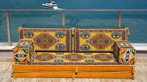 Yellow Kirsehir Motif: Single Floor Sofa – Arabic Majlis – Floor Cushion Couch – Turkish Floor Seating Sofa
