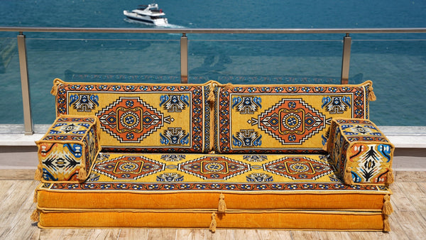 Yellow Kirsehir Motif: Single Floor Sofa – Arabic Majlis – Floor Cushion Couch – Turkish Floor Seating Sofa